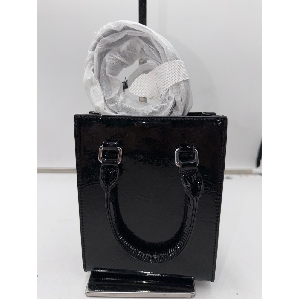 AQUA Black Patent Faux Leather Mini Tote Bag Crossbody Silver Hardware